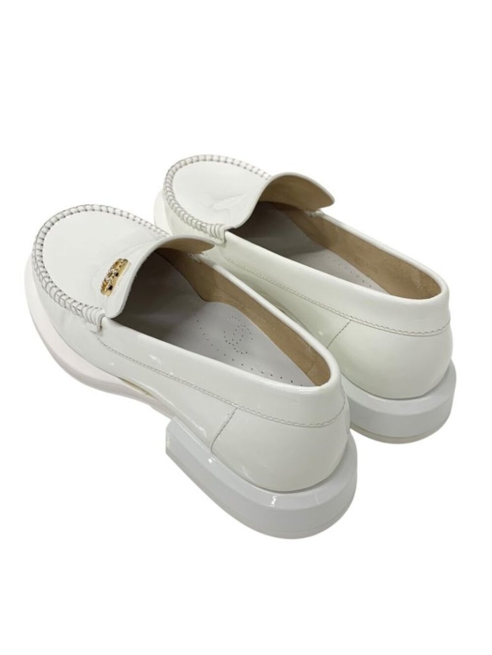 Chanel Loafers Leather Shoes Patent White Gold Coco Mark Pearl - Picture 4 of 10